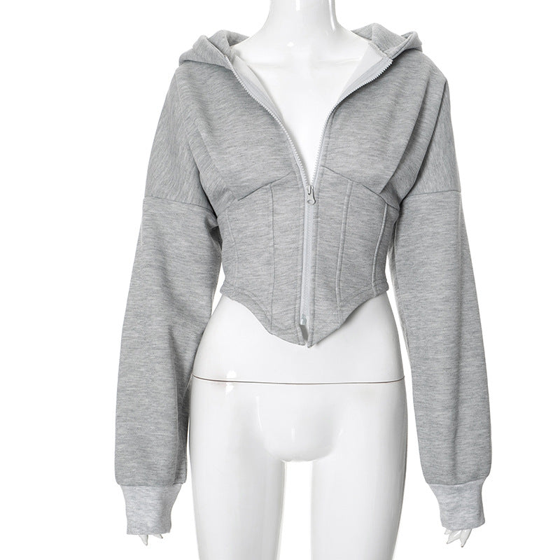 Women Autumn Winter Casual Zipper Long Sleeve Hooded Cardigan Cropped Coat Top