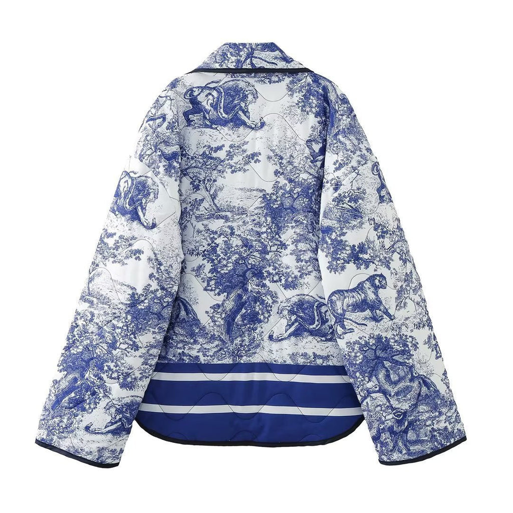 Vintage Ink Painting Print Quilted Oversized Jacket