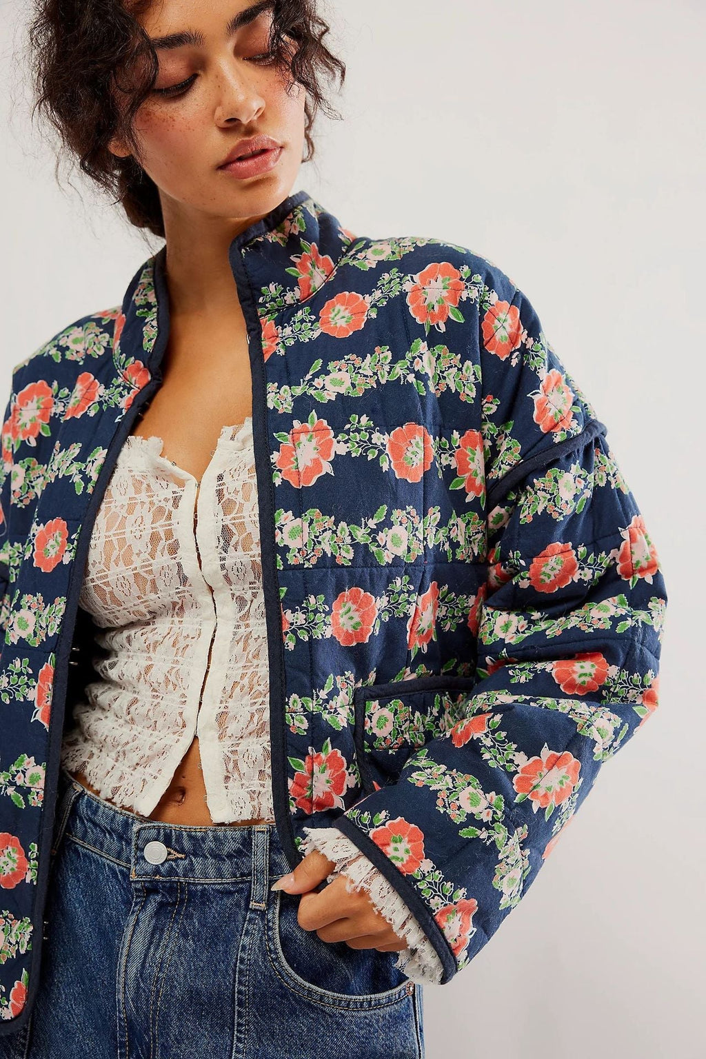 Flower Print Pocket Clip Cotton Drop Shoulder Jacket