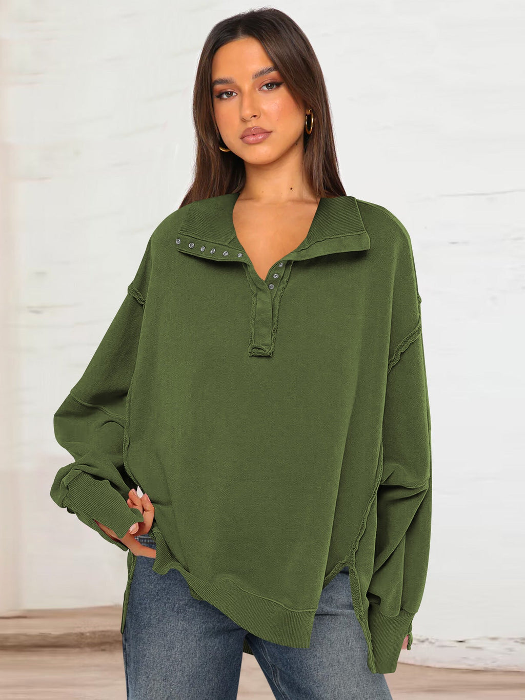 Decorative Moulding Design Blouse Split Lantern Sleeve Polo Collar Sweatshirt Coat for Women Spring Autumn