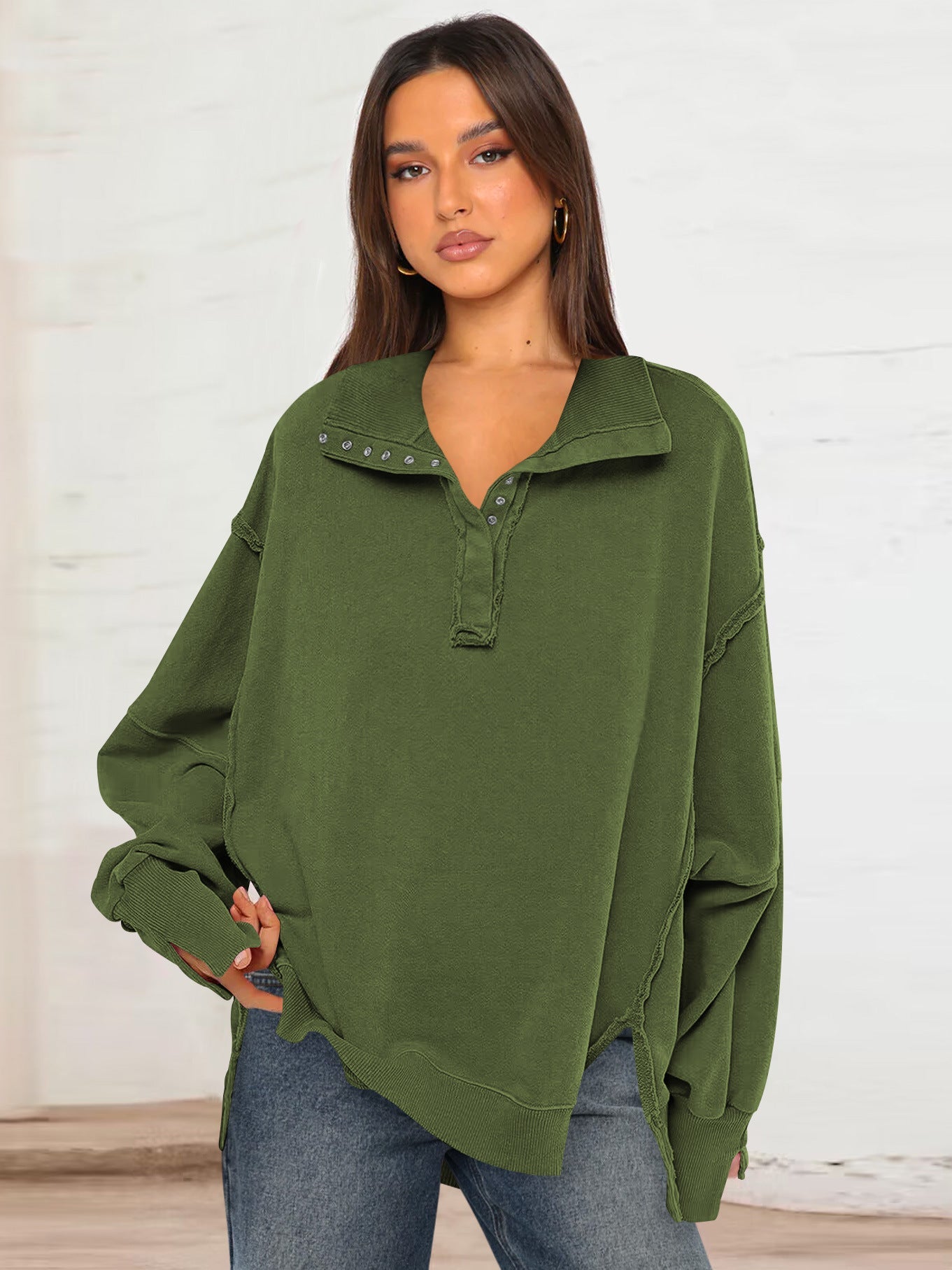 Decorative Moulding Design Blouse Split Lantern Sleeve Polo Collar Sweatshirt Coat for Women Spring Autumn