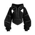 Contrast Color Bright Line Cropped Hoodie Women Spring Bandage Dress Blouse Waistcoat Hiphop Long Sleeve Top