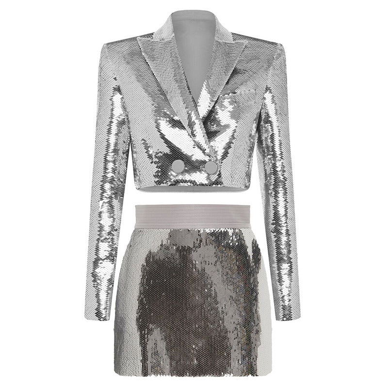Metallic Coated Fabric Goods Personality Bling Bling Shiny Sequ Short Suit Mid Length Skirt Set Two Piece Set