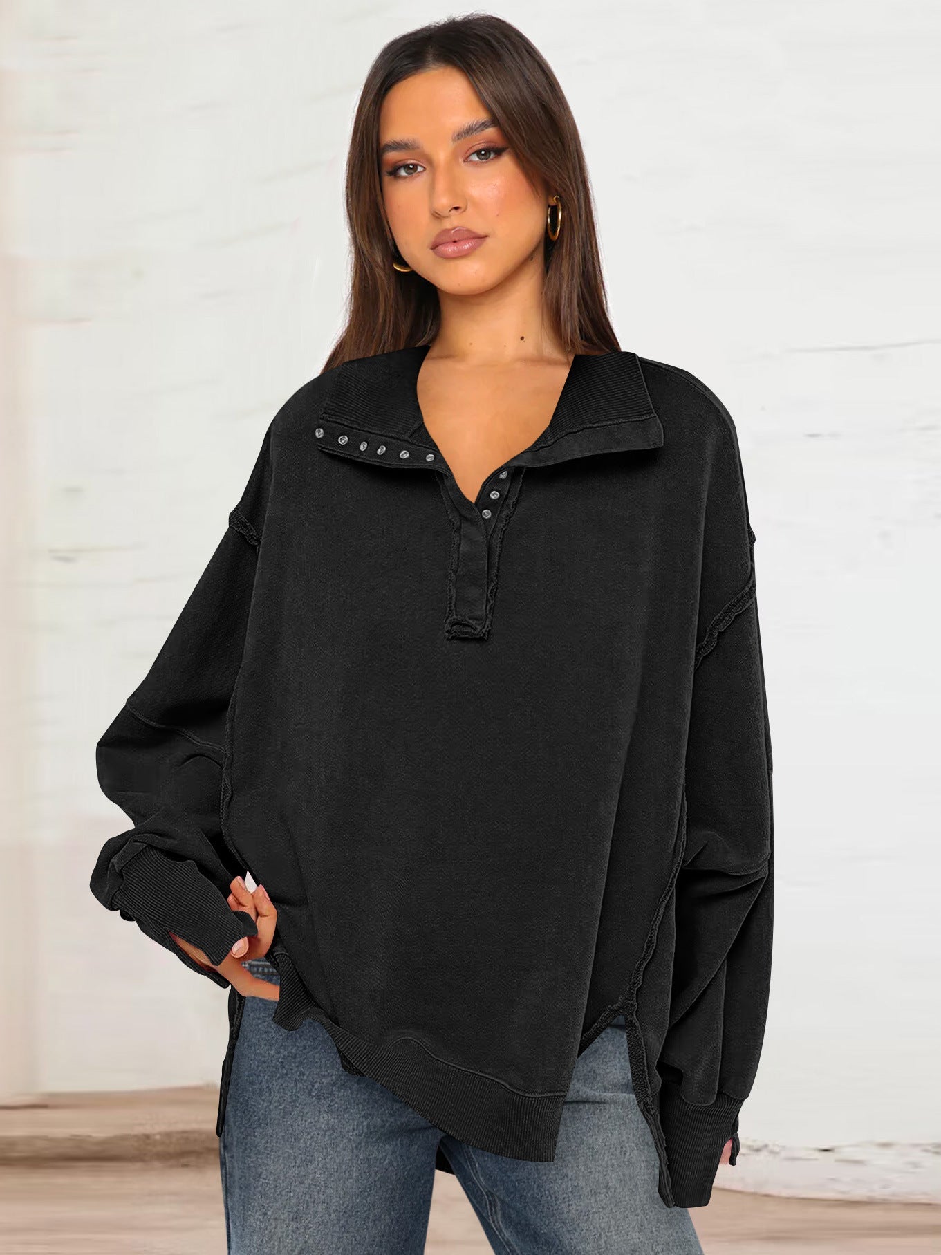 Decorative Moulding Design Blouse Split Lantern Sleeve Polo Collar Sweatshirt Coat for Women Spring Autumn