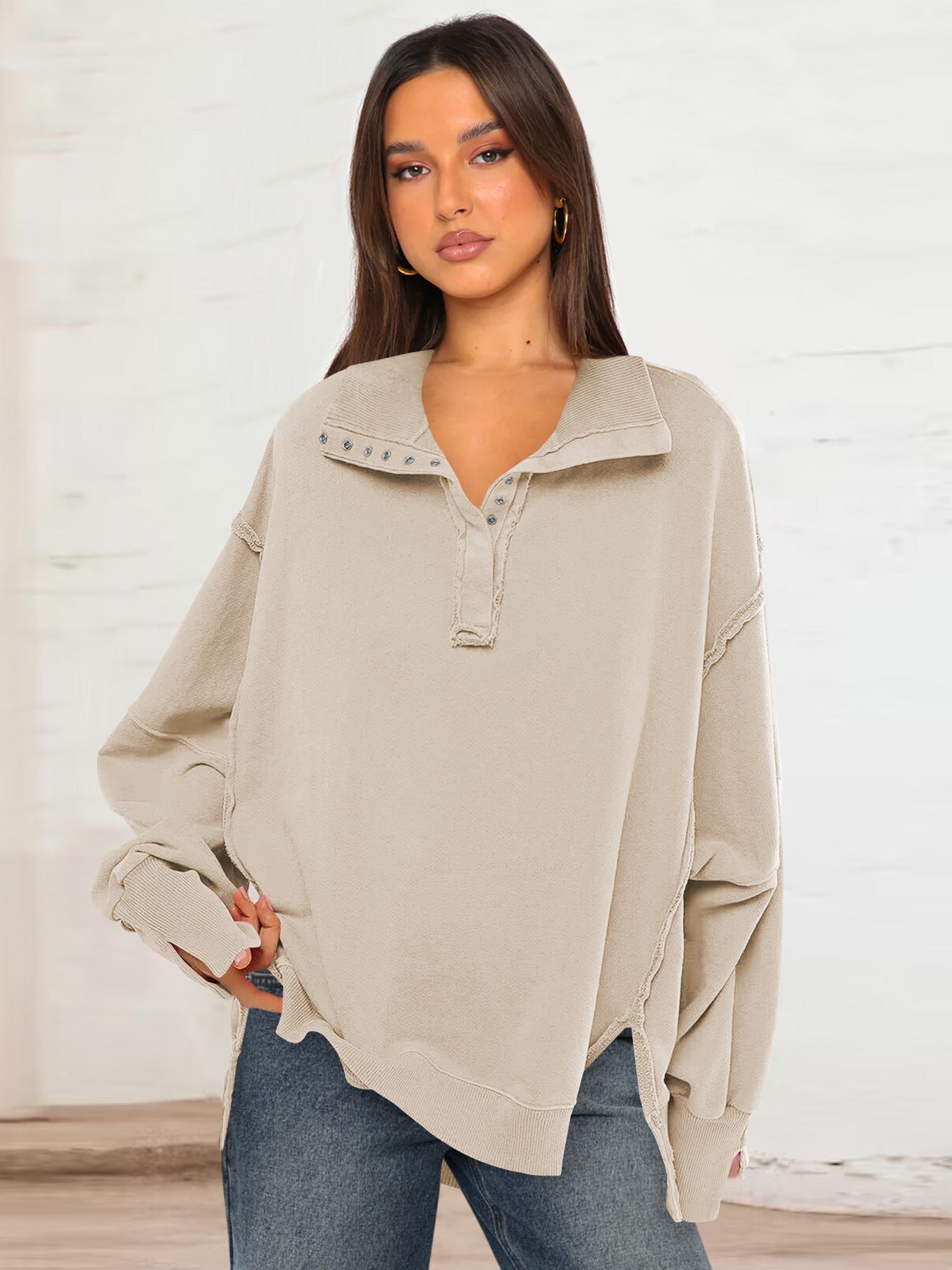 Decorative Moulding Design Blouse Split Lantern Sleeve Polo Collar Sweatshirt Coat for Women Spring Autumn