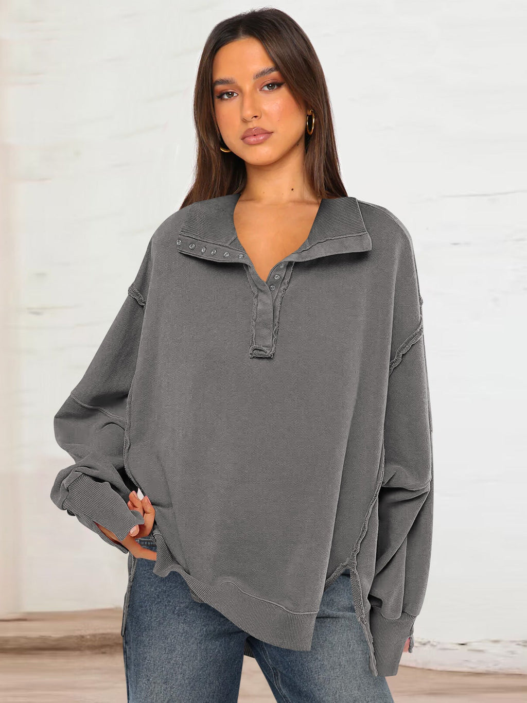 Decorative Moulding Design Blouse Split Lantern Sleeve Polo Collar Sweatshirt Coat for Women Spring Autumn