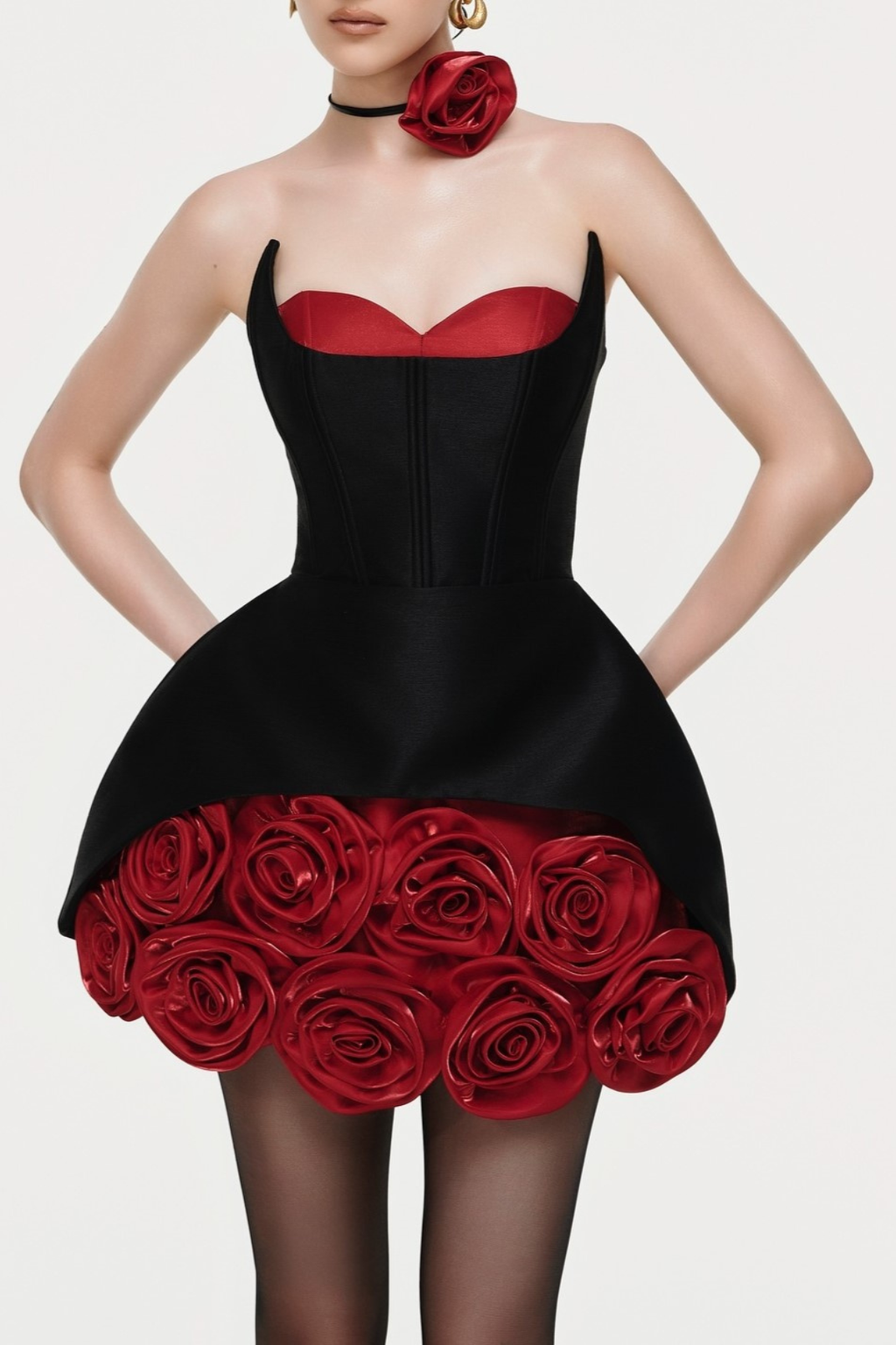 Remiel Strapless Rose Appliqu¨¦ Corset Mini Dress - Red