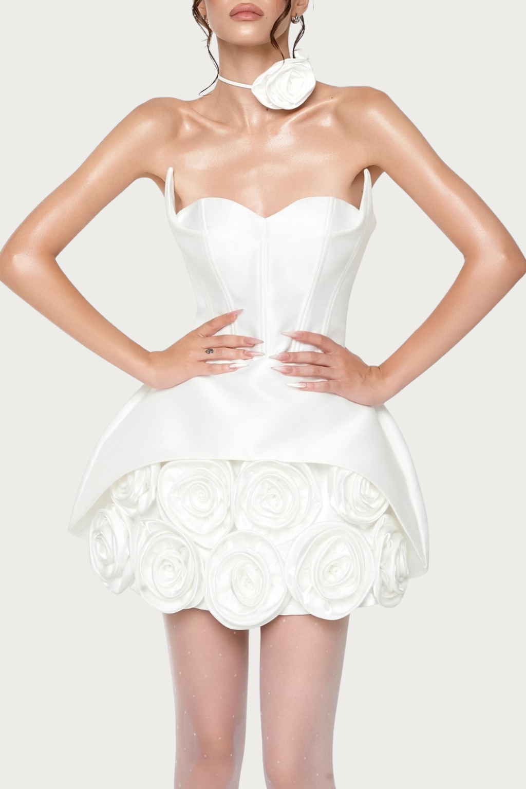 Remiel Strapless Rose Appliqu¨¦ Corset Mini Dress - White