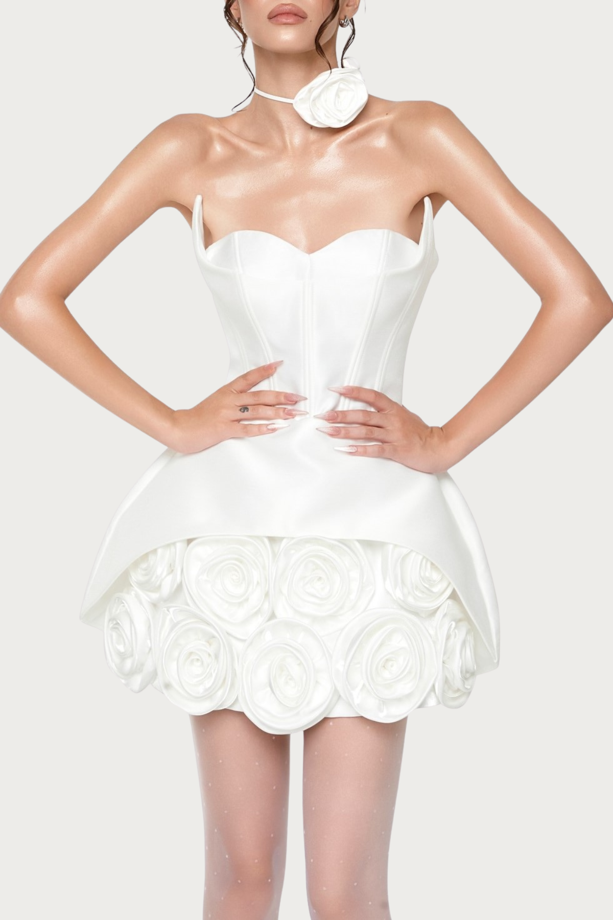 Remiel Strapless Rose Appliqu¨¦ Corset Mini Dress - White