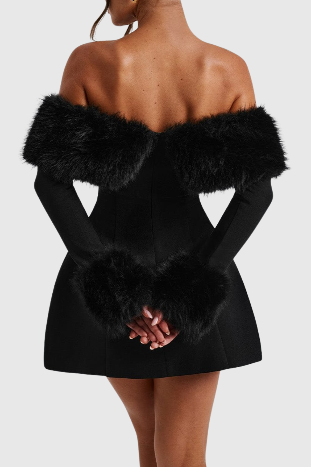 Sayur Faux Fur Off Shoulder Mini Dress