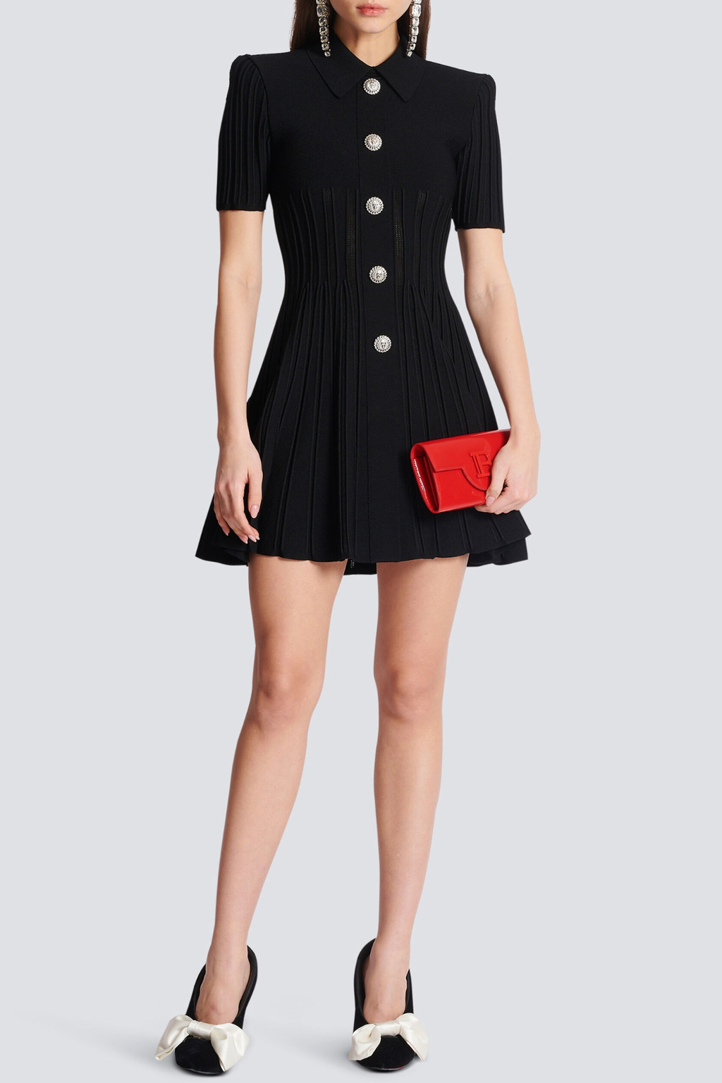 Sylas Ribbed Knit Flared Mini Dress - Black