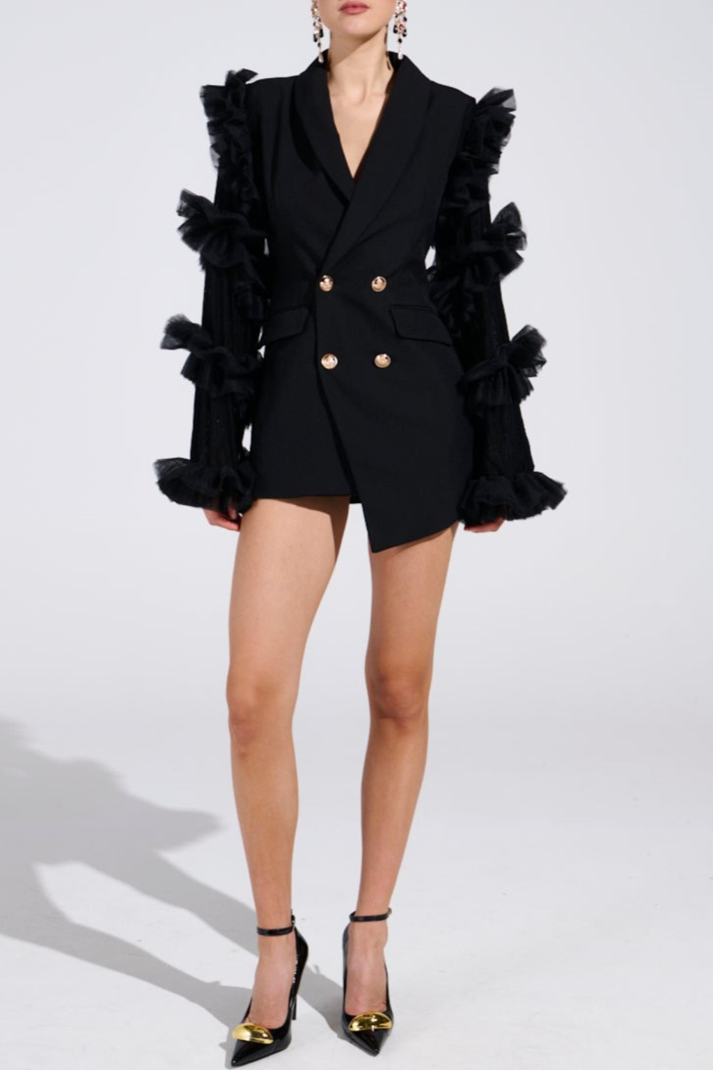 Viha Ruffle Sleeve Blazer Mini Dress - Black