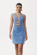 Wace Halter Neck Cutout Buckle Denim Mini Dress