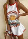 Women Sleeveless Patchwork White Neck Print Cotton Dresses O Mini