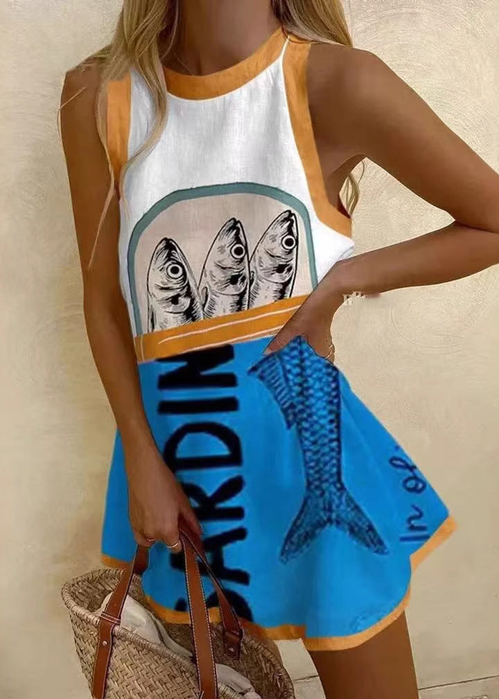 Women Sleeveless Patchwork White Neck Print Cotton Dresses O Mini
