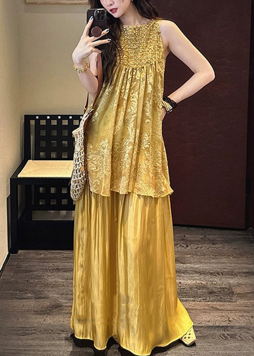 O Two Neck Silk Summer Patchwork Dress Yellow Pieces False