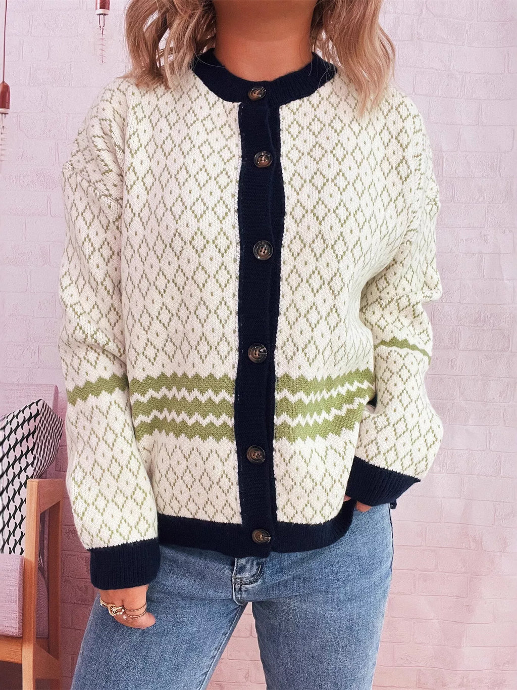 Geometric Pattern Button Up Cardigan