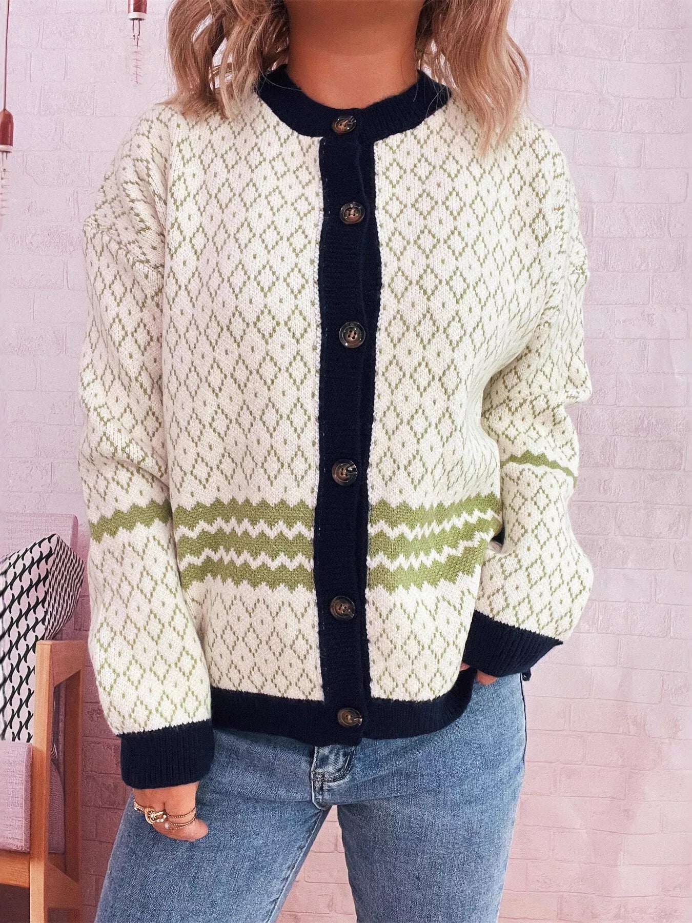 Geometric Pattern Button Up Cardigan