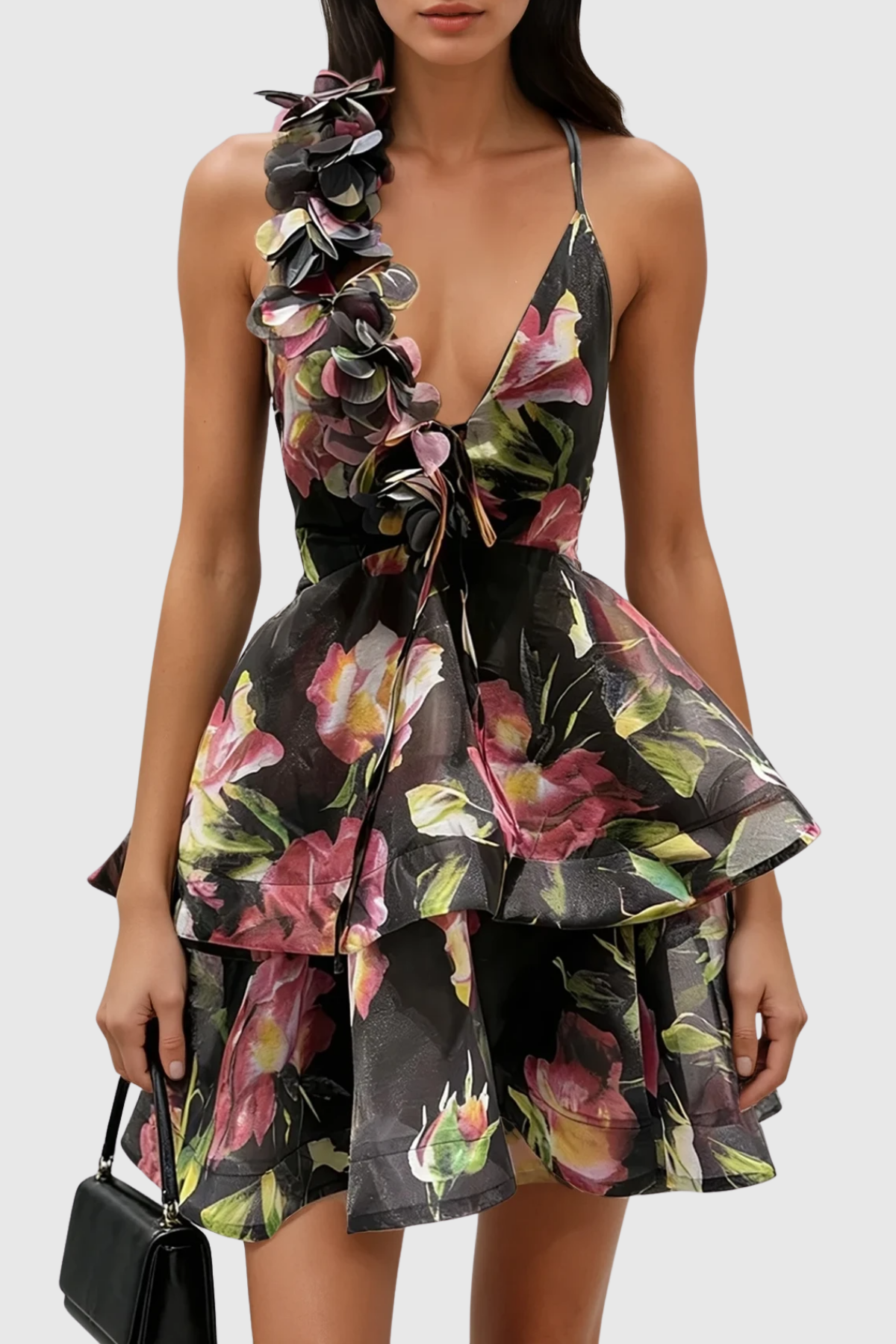 Pera Floral Appliqu¨¦ Ruffle Mini Dress - Black
