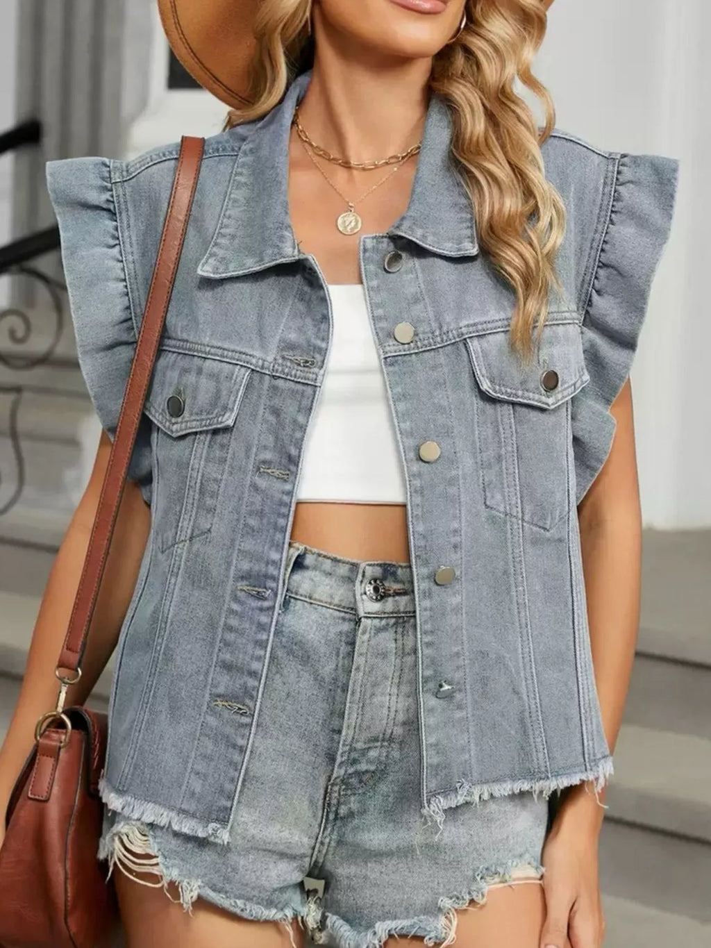 Ruffled Raw Hem Button Up Denim Jacket